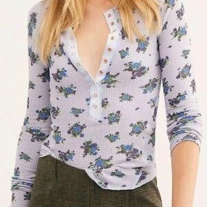 Free People Lavender Floral Henley Long-Sleeve Top
